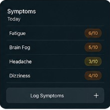 Causaura symptoms view with fatigue, brain fog, headache, and log symptoms button